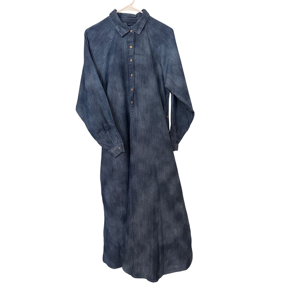 Pure Jill Indigo Women Blue Cotton Denim Maxi Shirt Dress Side Buttons S 267271